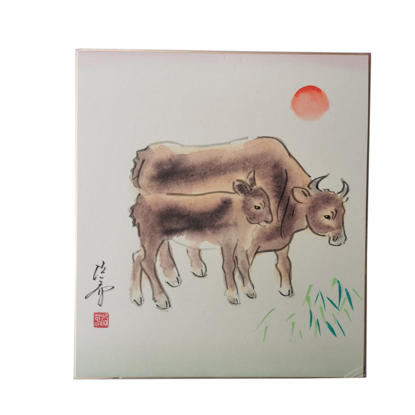 Tableau vache et veau peint à la main, tableau d’art Japonais sur shikishi, symbole de sagesse et d’intelligence