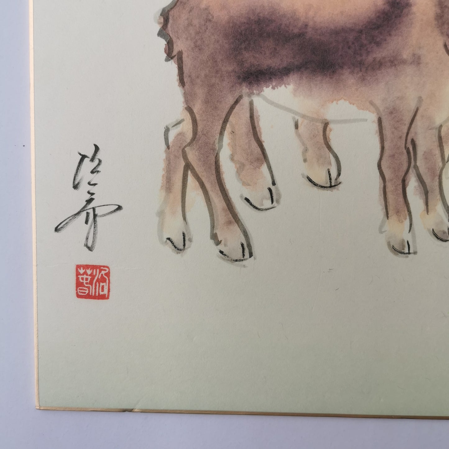 Tableau vache et veau peint à la main, tableau d’art Japonais sur shikishi, symbole de sagesse et d’intelligence