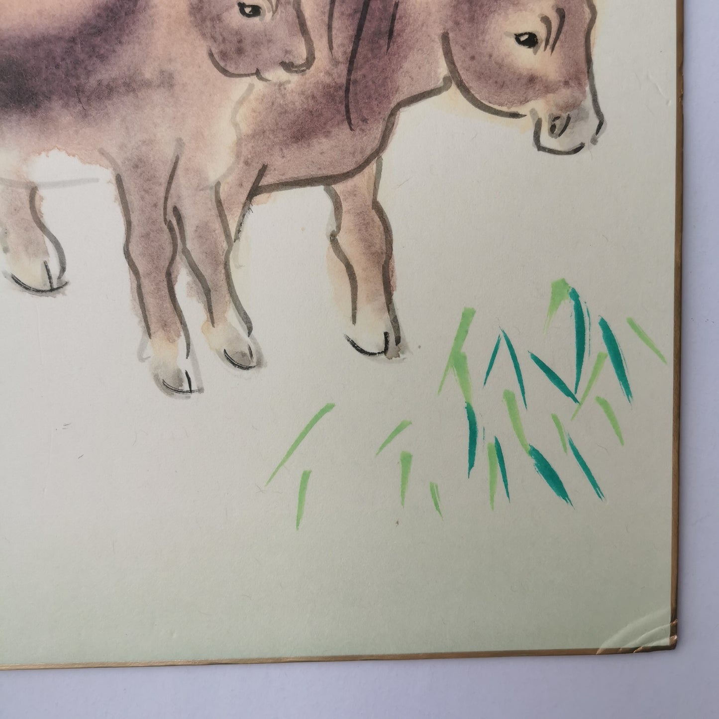 Tableau vache et veau peint à la main, tableau d’art Japonais sur shikishi, symbole de sagesse et d’intelligence