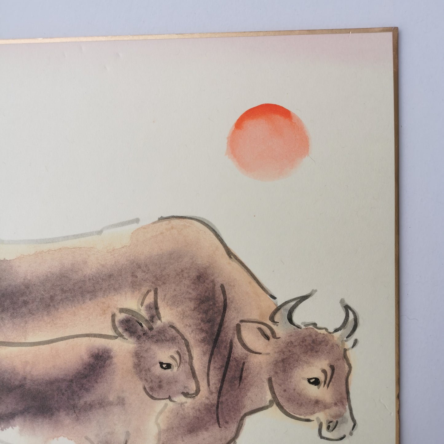 Tableau vache et veau peint à la main, tableau d’art Japonais sur shikishi, symbole de sagesse et d’intelligence