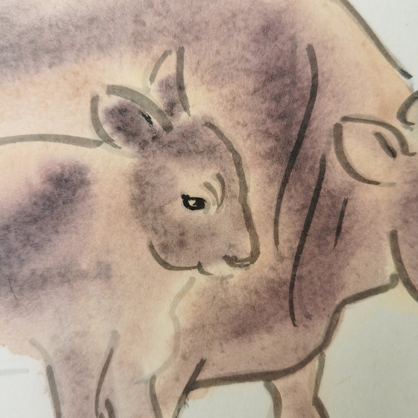 Tableau vache et veau peint à la main, tableau d’art Japonais sur shikishi, symbole de sagesse et d’intelligence