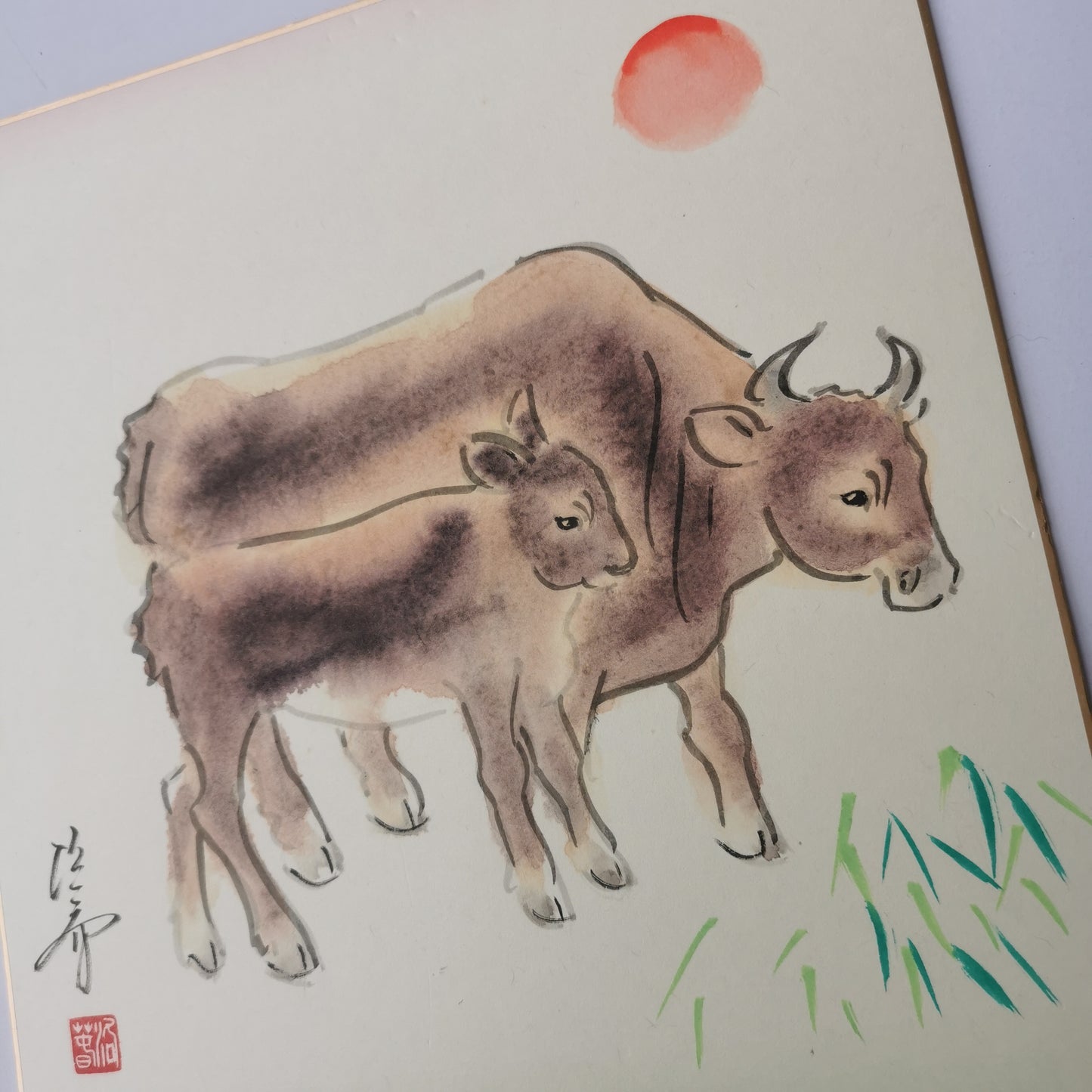 Tableau vache et veau peint à la main, tableau d’art Japonais sur shikishi, symbole de sagesse et d’intelligence