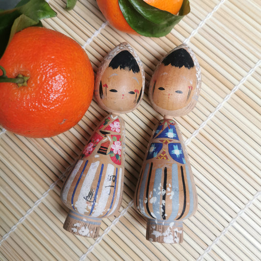 Poupée Kokeshi miniature, couple en bois, rétro Showa