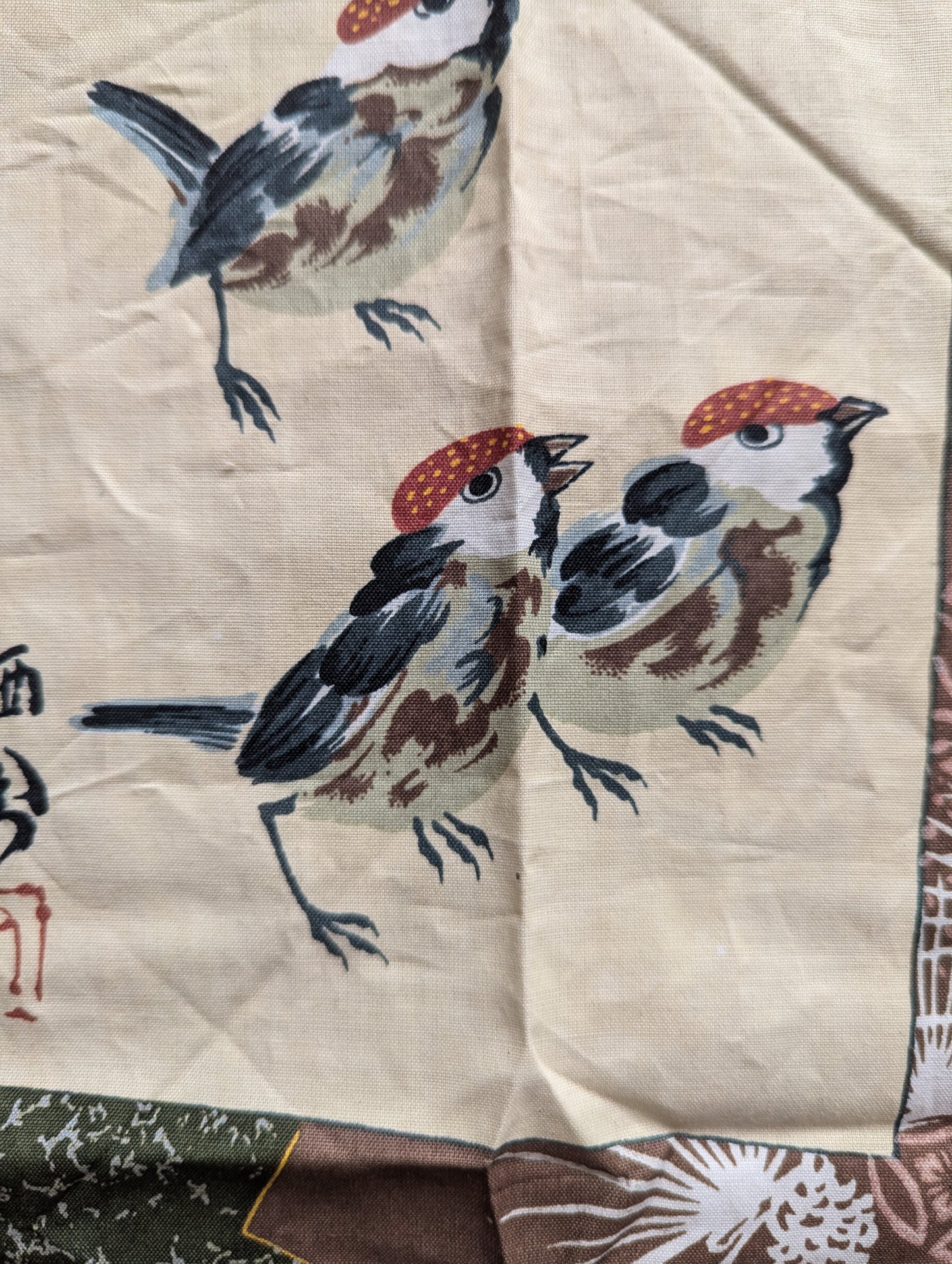 Grand Furoshiki, tissu vert oiseaux bambous,  67 x 68 cm