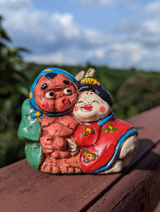 Cloche Dorei en argile du couple Okame Hyottoko. Cadeau érotique de décoration d'intérieur, souvenir du Japon.