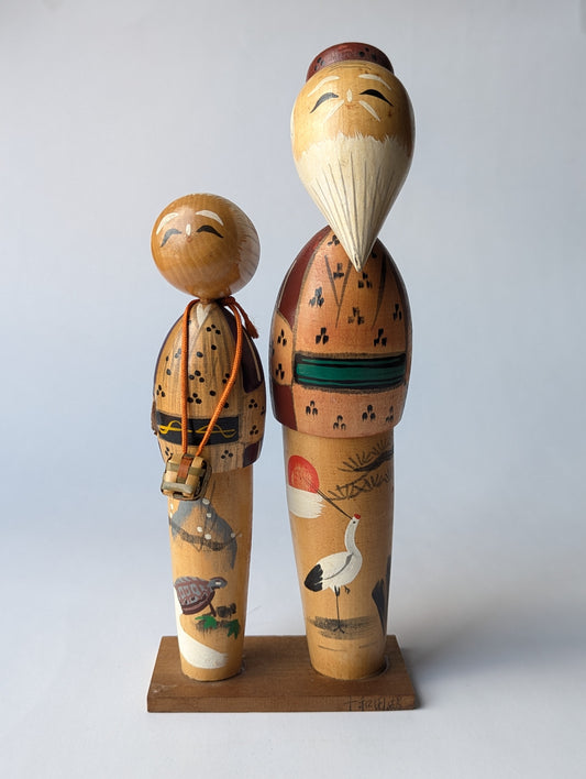 Poupées Kokeshi vintage, 'vieux couple', grand-mère grand-père