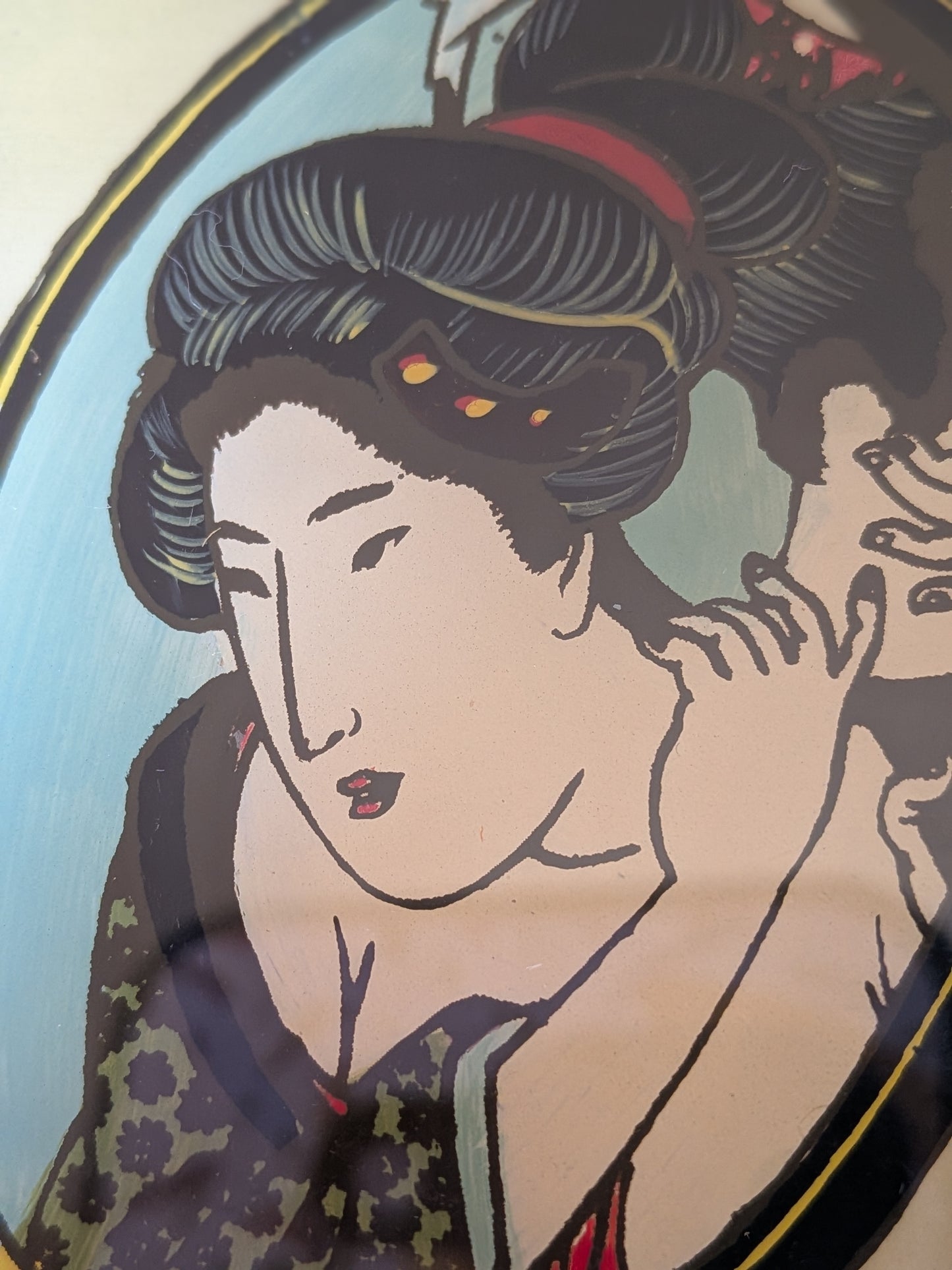 Boîte à bijoux vintage en bois - Inspiration d'Estampe Ukiyo-e Portrait de Bijin par Utagawa Kuniyasu, Artisanat japonais Mid-Century