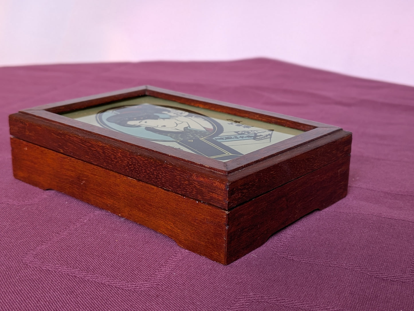Boîte à bijoux vintage en bois - Inspiration d'Estampe Ukiyo-e Portrait de Bijin par Utagawa Kuniyasu, Artisanat japonais Mid-Century