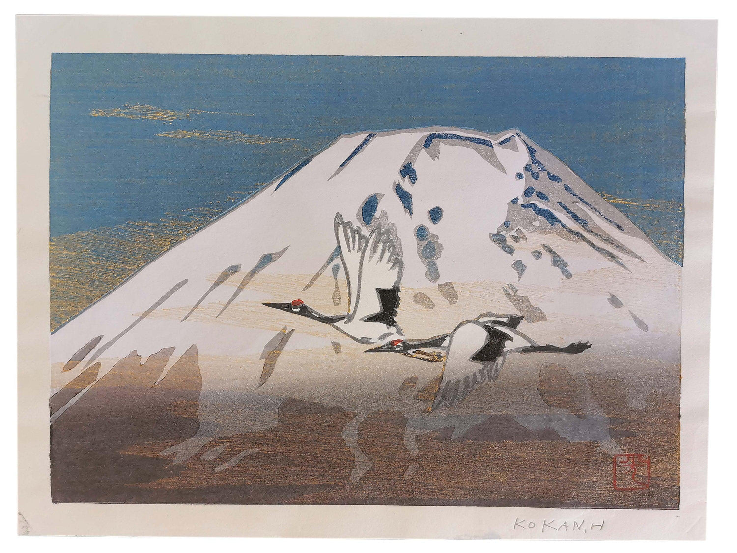 Crane wall decor, original Japanese woodblock print of two red-crowned cranes flying near Mt Fuji. Couple love and harmony. - Okame Gallery