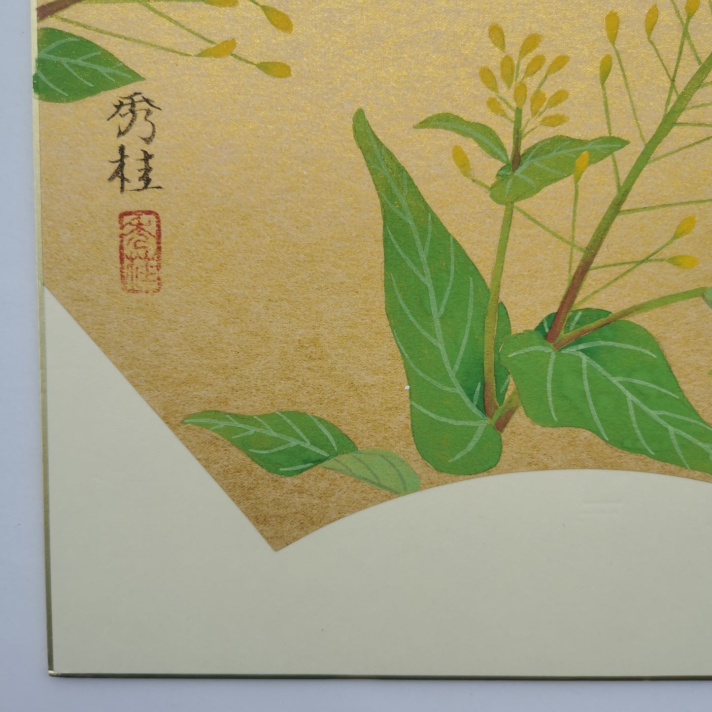 Peinture d'art floral, Oeuvre d'art originale de fleur de colza, décoration murale d'un dessin de fleur par un artiste Japonais sur Shikishi