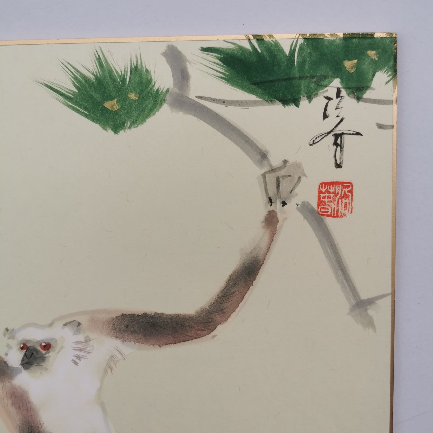 Tableau singe peint à la main, tableau d’art Japonais sur shikishi, symbole de sagesse et d’intelligence