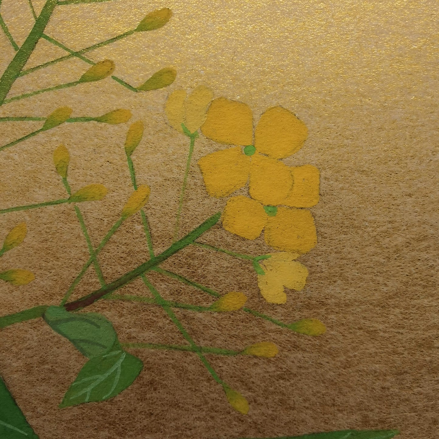 Peinture d'art floral, Oeuvre d'art originale de fleur de colza, décoration murale d'un dessin de fleur par un artiste Japonais sur Shikishi